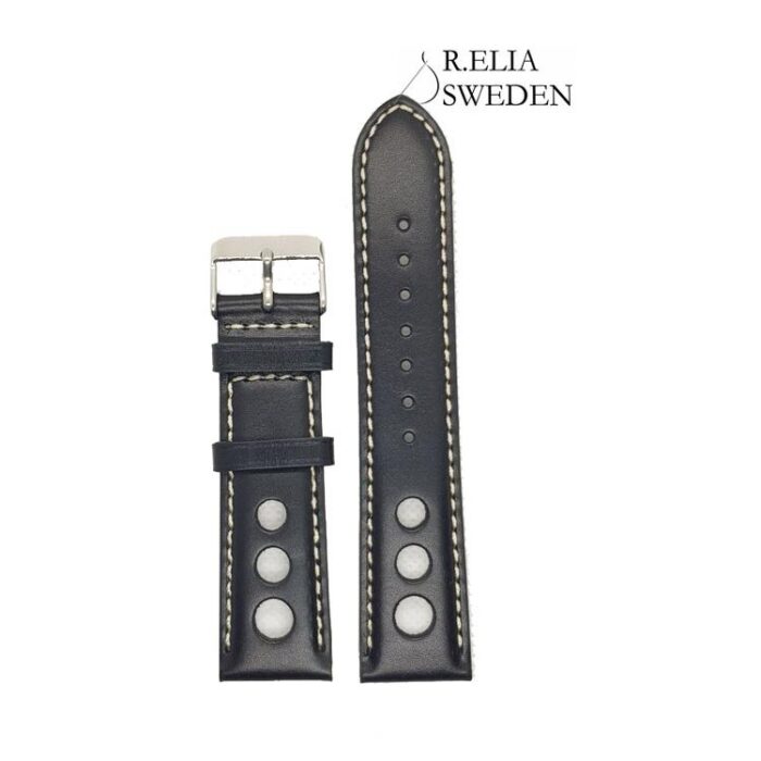 Klockarmband R.Elia svart läder med vita stygn Racer