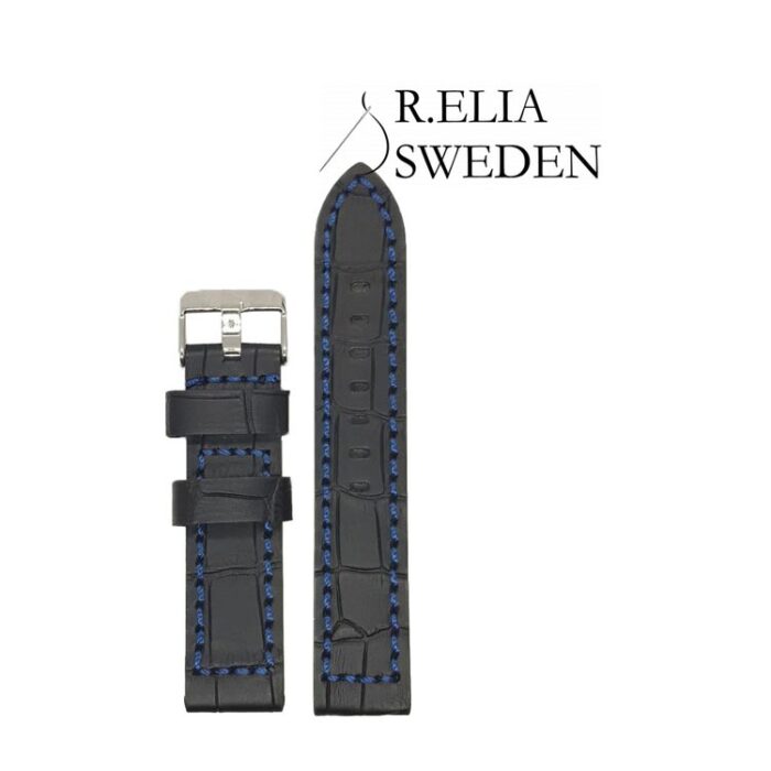 Klockarmband svart krokodilmönstrad läder med blåa stygn